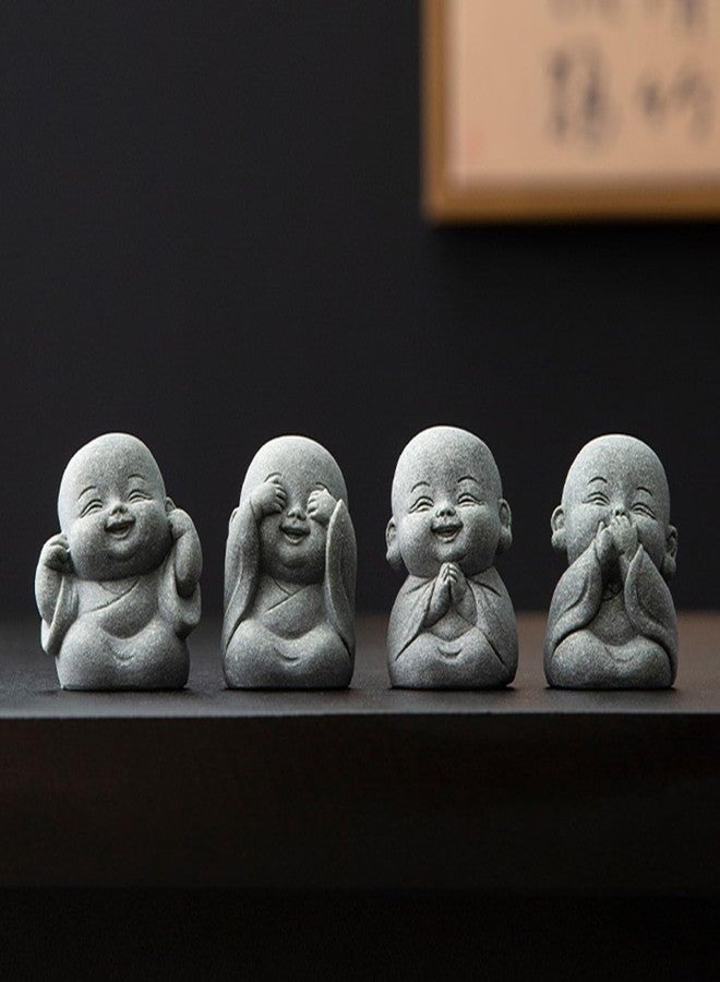 Fovasen 4PCS Laughing Buddha Statue for Good Luck & Feng Shui Decor - Cute Small Zen Monk Sandstone Sculpture for Home, Office, Desk, Aquarium Decor (Four no Zen Statue) - Image 3